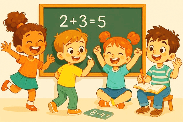 4명의 초등학생 아이들이 칠판에 덧셈을 쓰고 공부중이다. 매우 기뻐하는 친구들이다.