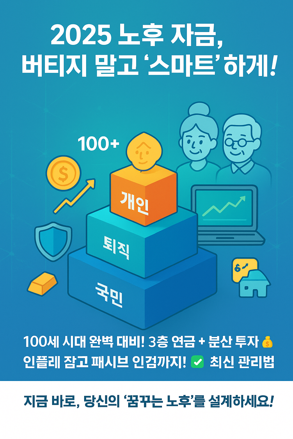 밝고 미래지향적인 배경 위로, 3층으로 견고하게 쌓아 올려진 연금 피라미드(국민연금, 퇴직연금, 개인연금)와 그 옆에 로보 어드바이저가 실행되는 노트북 화면이 배치된 이미지. 주변에는 돈다발, 상승 그래프, 안전 방패, 블로그 로고 등 다양한 금융 및 수입원 상징 아이콘들이 떠다니고 '2025' 연도가 강조되어 있습니다. '2025 노후 자금 관리', '100세 시대', '3층 연금', '분산 투자', '인플레이션 헤지', '로보 어드바이저', '패시브 인컴', '스마트 자산 관리', '은퇴 준비', '노후 재무 설계' 등의 문구가 강조되어, 최신 트렌드를 반영한 스마트한 노후 자금 관리 전략을 시각적으로 표현함.