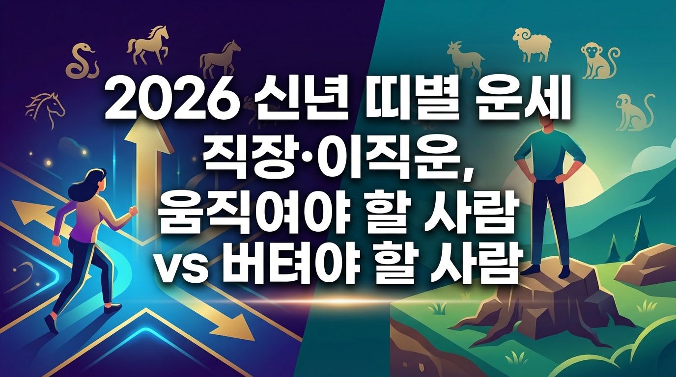 2026년 병오년 띠별 직장운·이직운 완벽 가이드! 호랑이띠·말띠·뱀띠·개띠는 움직여야 할 때, 쥐띠·원숭이띠·닭띠·돼지띠는 신중해야 할 때. 12띠별 최적 타이밍과 승진·이직 전략 총정리. 2026년 커리어 성공의 비결 확인하세요!