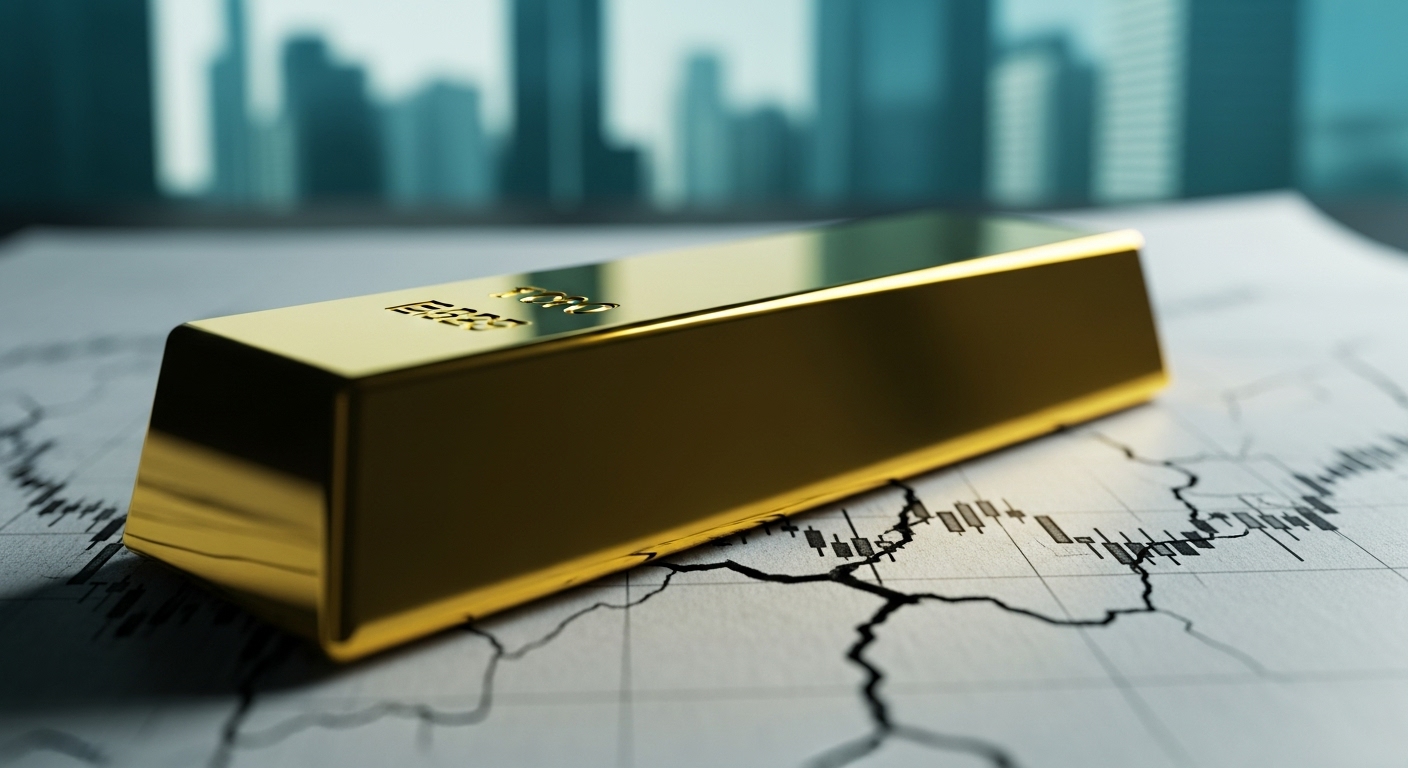 금이 간 주식 시장 차트 위에 놓인 빛나는 금괴 이미지