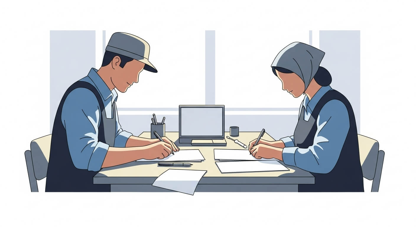 농촌 주민이 책상에서 신청서류를 준비하는 장면. 2