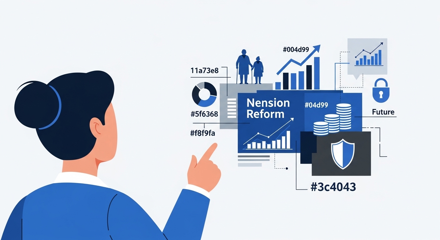 2026년 국민연금 개혁안을 분석하는 사람과 복잡한 연금 재정 지표를 보여주는 차트.