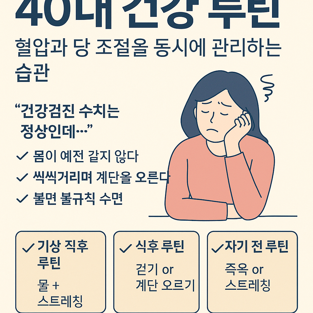 40대의 혈압과 혈당을 동시에 조절하기 위한 건강 루틴을 소개하는 한국어 인포그래픽으로, 피로한 여성이 등장하며 물 섭취, 스트레칭, 걷기, 족욕 등의 루틴이 강조된 이미지