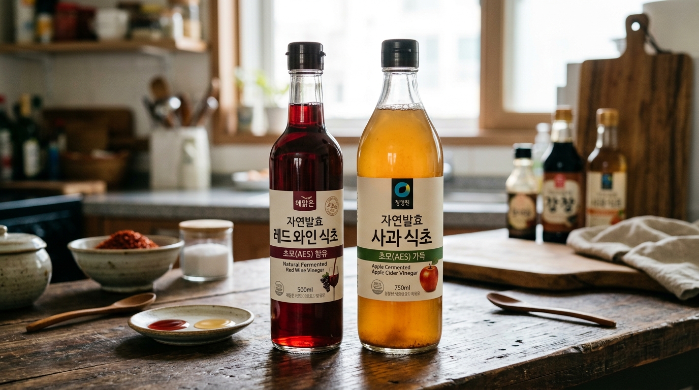 레드와인비니거와 사과식초(애사비) 병을 나란히 비교한 사진