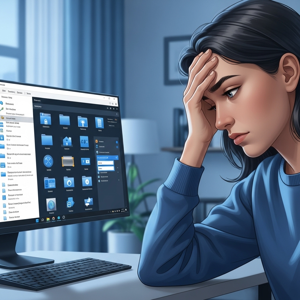 폴더 보기 설정이 초기화되어 컴퓨터 화면을 보며 당황해하는 사람의 모습