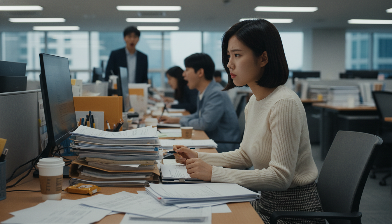 혼란스러운 사무실에서 침착함을 유지하려 애쓰는 한국인 ISTJ 여성의 모습