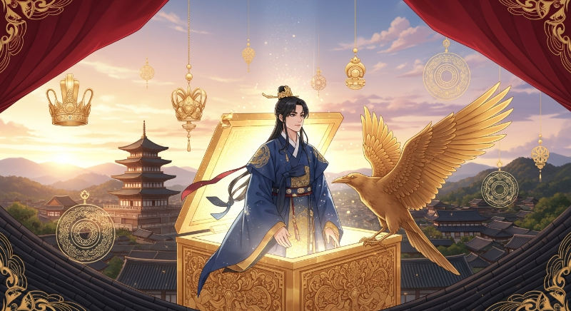 신라 김씨의 시조 김알지가 금궤와 황금빛 신라 유물들 사이에서 신비롭게 표현된 모습