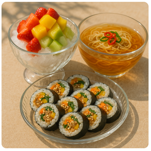 김밥, 냉라면, 과일빙수 사진