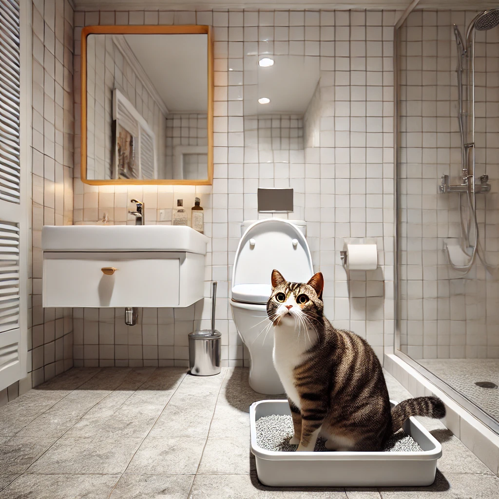 고양이가 모래 화장실을 사용하는 모습. 깨끗한 화장실 공간과 귀여운 고양이가 돋보이는 장면