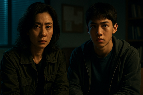 어두운 집안에서 여성과 남성이 어두운 표정으로 침묵을 하고 있는 모습