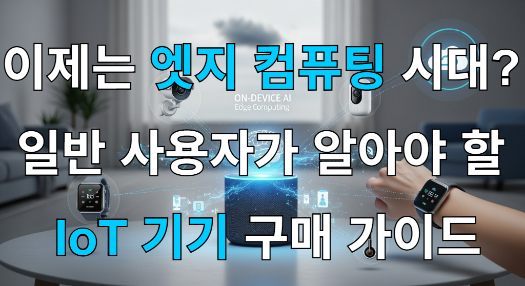 엣지 컴퓨팅 개념을 나타내는 스마트홈 거실의 대표 이미지. 중앙의 AI 스피커에서 데이터가 처리되어 홈캠, 스마트워치 등 주변 IoT 기기와 연결되는 모습.