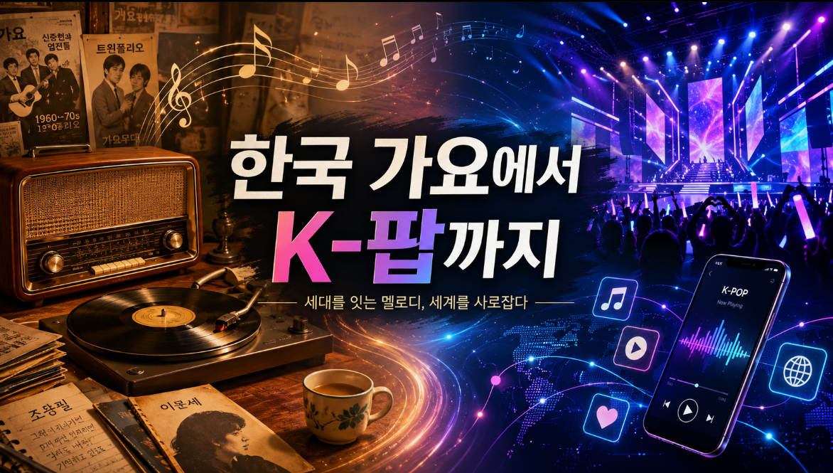 한국 가요에서 K-팝까지 세대를 잇는 노래 문화와 글로벌 한류 변화를 소개하는 이미지