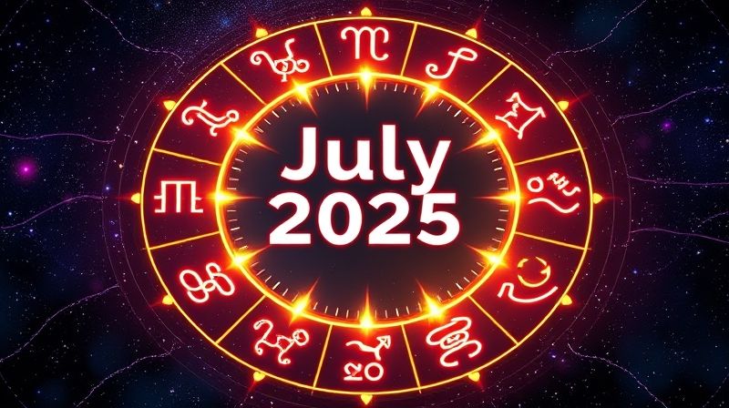 2025년 7월 이달의 별자리 운세를 나타내는 천체 지도와 12궁도 상징들