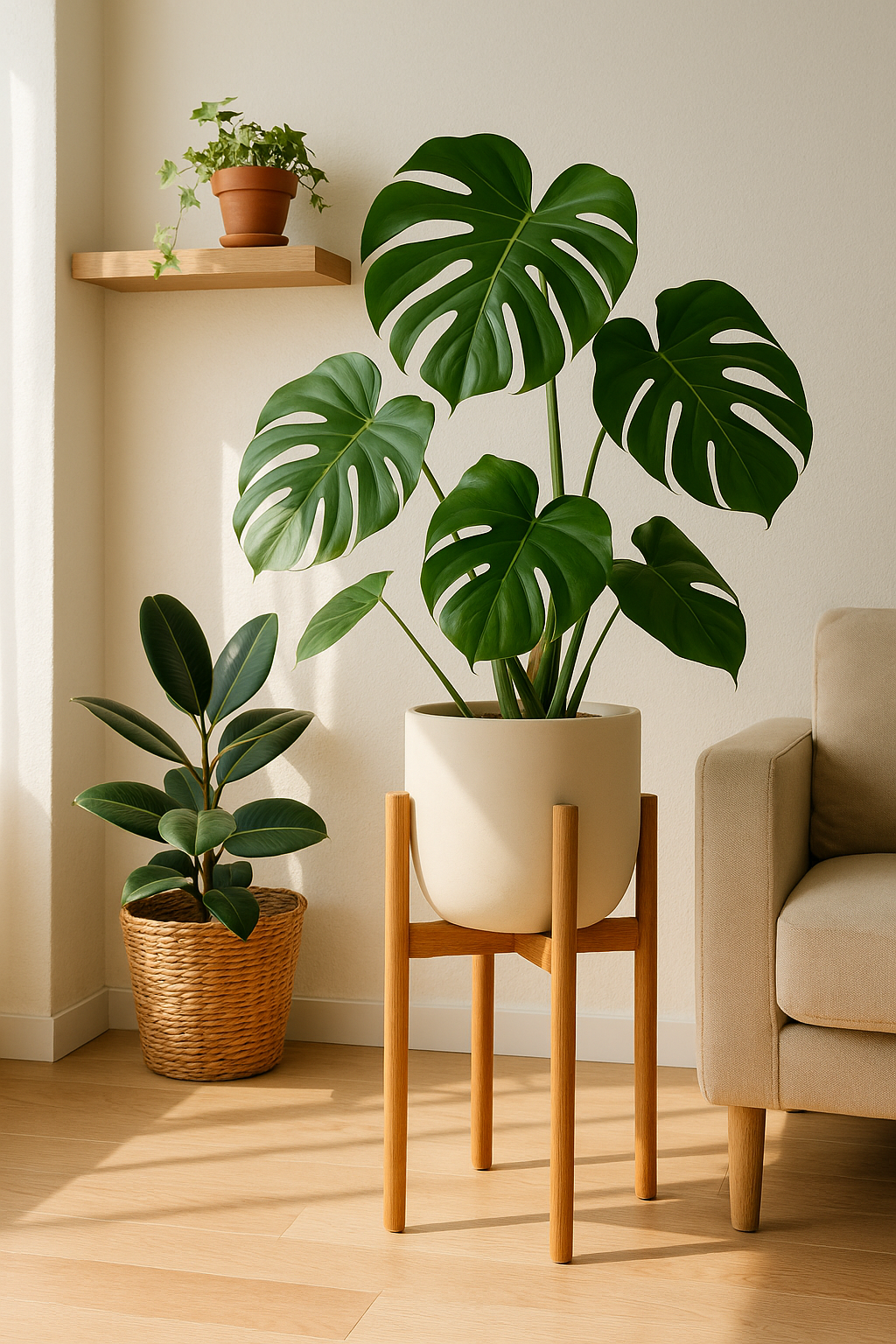 감성적인 인테리어 공간에 배치된 모던한 화분 스탠드와 실내식물, 2025년 인기 감성 화분 인테리어 트렌드