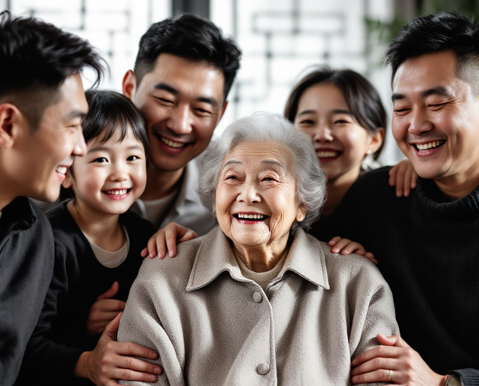 100세 할머니가 가족들에게 둘러쌓여 행복해 하는 모습