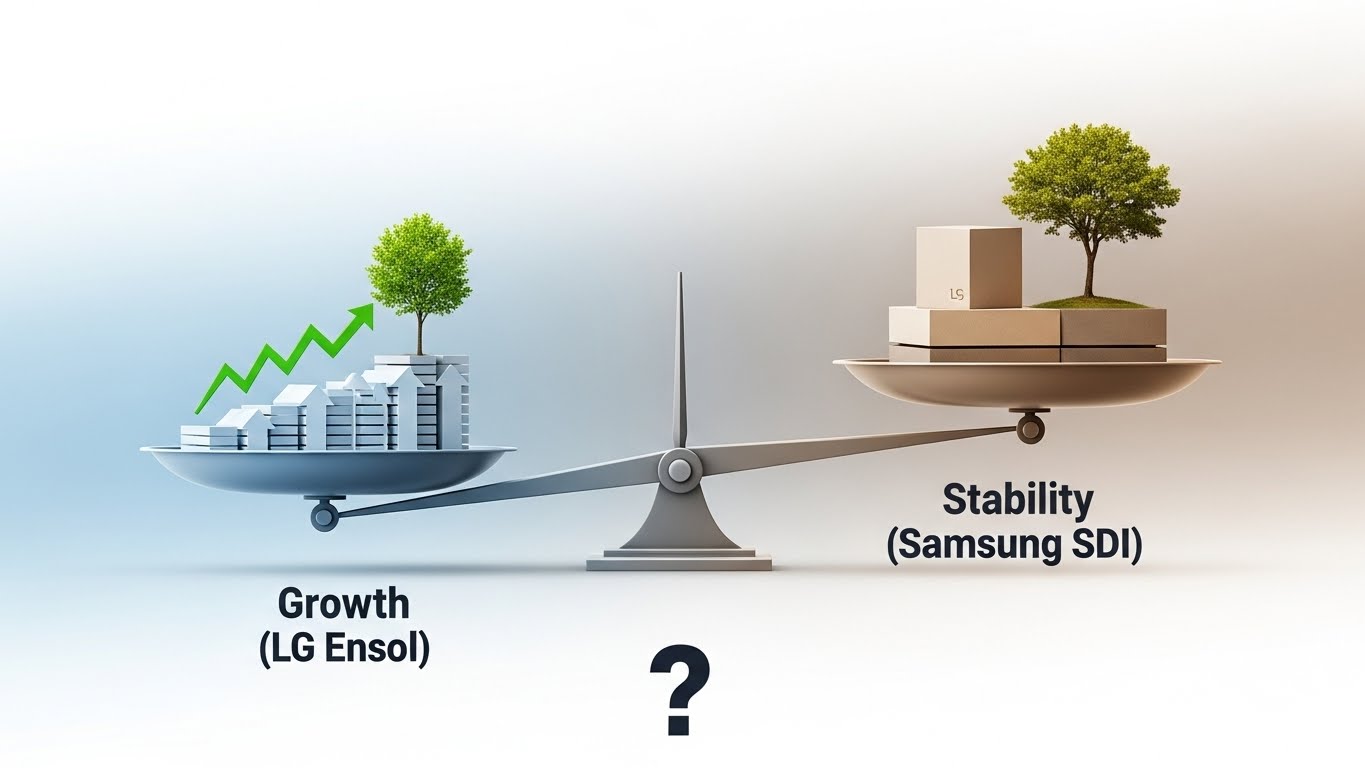 A comparative balance scale graphic with 'Growth (LG Ensol)' on one side and 'Stability (Samsung SDI)' on the other, helping investors choose.