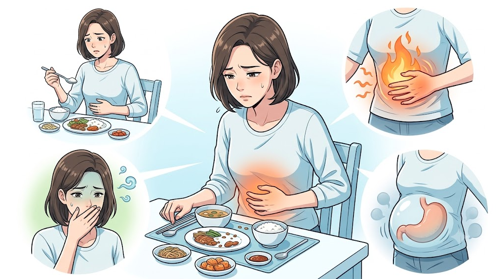 식사 후 나타나는 명치 통증, 쓰림, 조기 포만감, 더부룩함, 메스꺼움 증상을 시각화한 일러스트