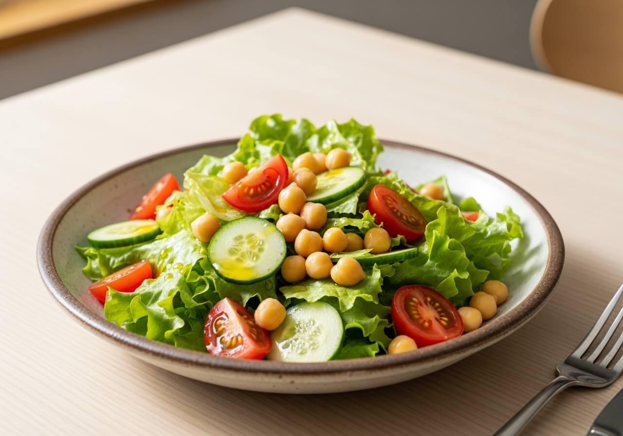 신선한 채소와 병아리콩으로 만든 건강한 한 끼 샐러드, 밝은 자연광 식탁 이미지