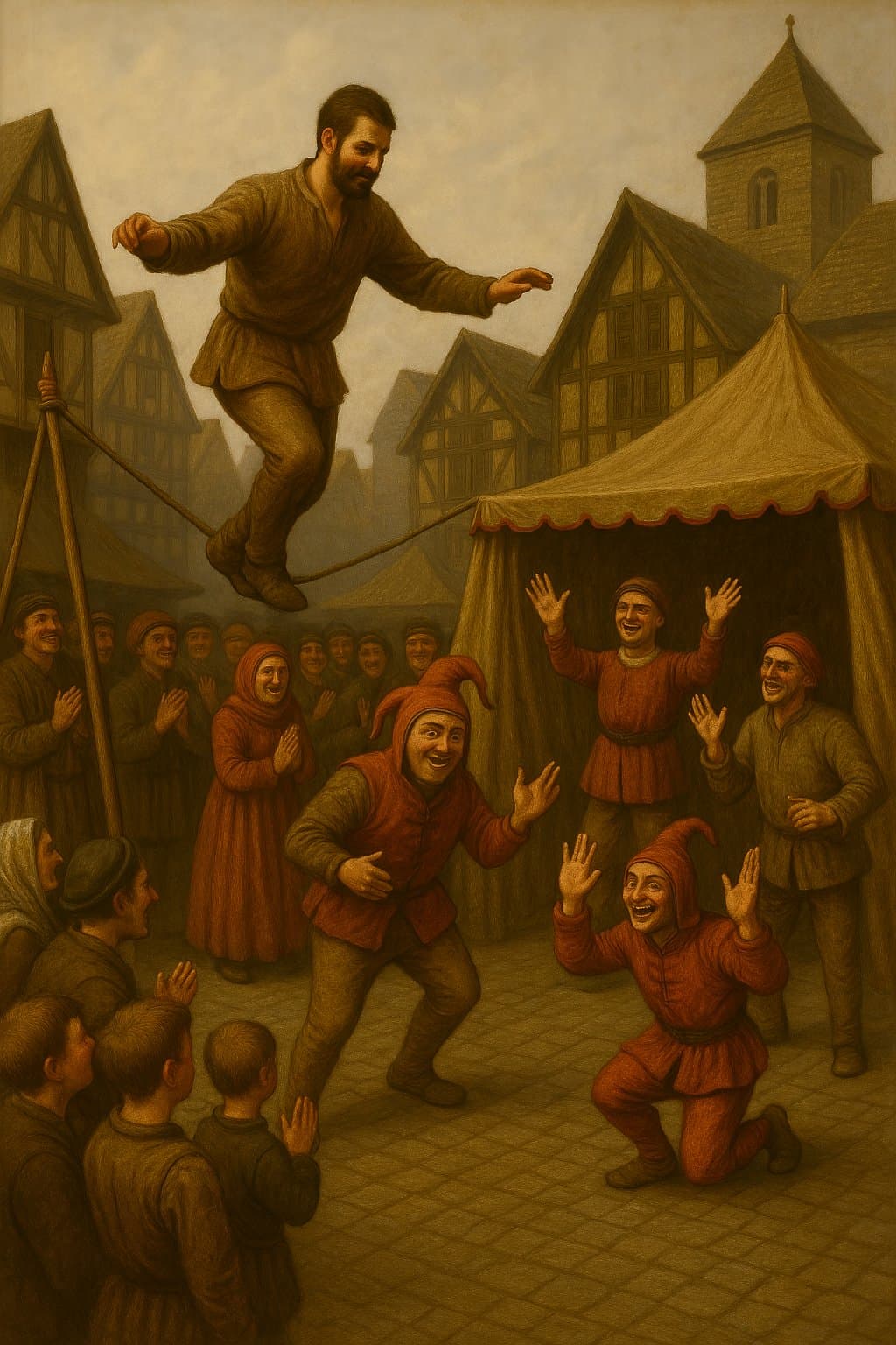 중세 유럽 광장에서 서커스다 펼쳐진 모습