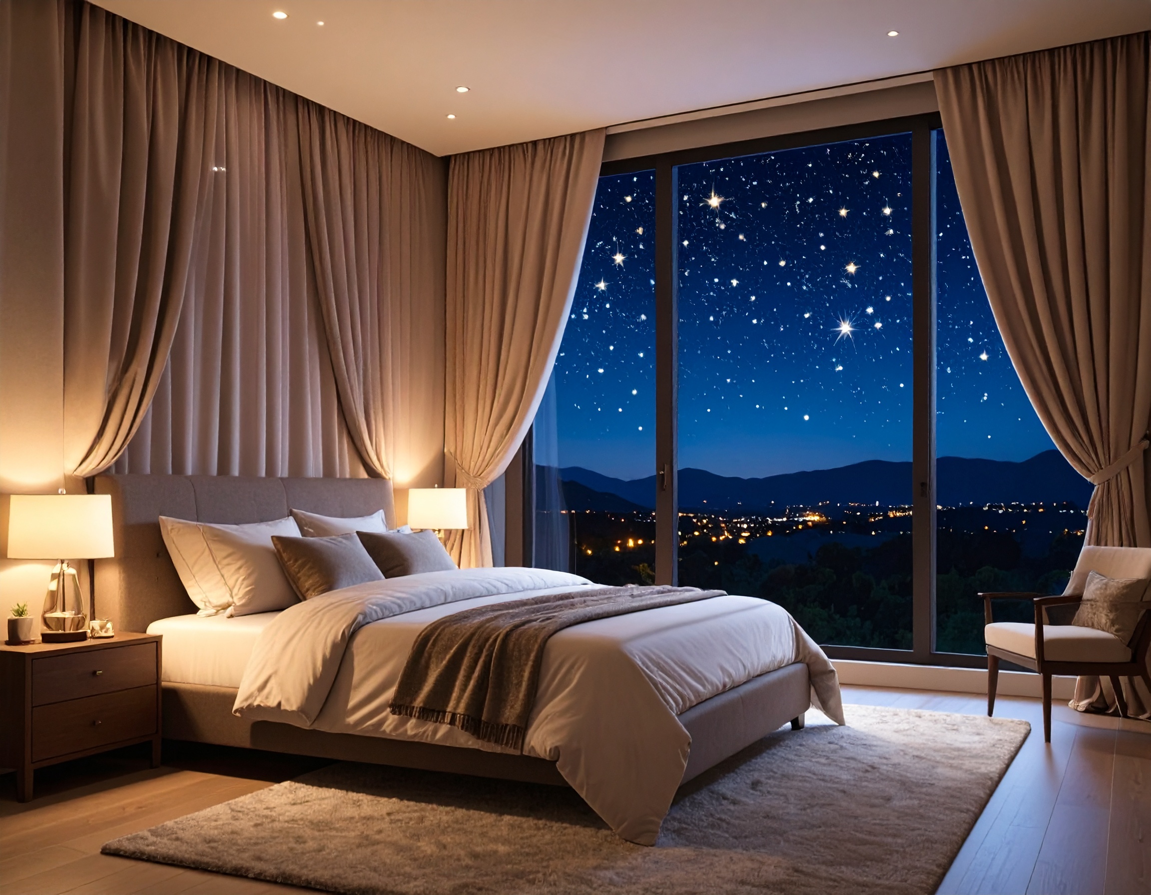 별빛이 보이는 창가의 침실 — 멜라토닌 분비를 돕는 수면 환경