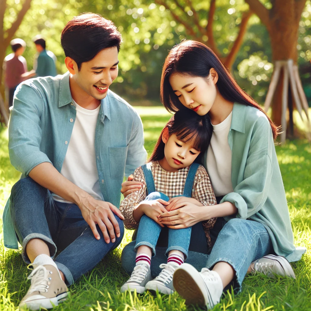 공원에서 놀다 넘어져 울고 있는 딸을 부모가 다정하게 안아주며 위로하는 장면. 따뜻한 가족의 사랑과 안정감을 표현