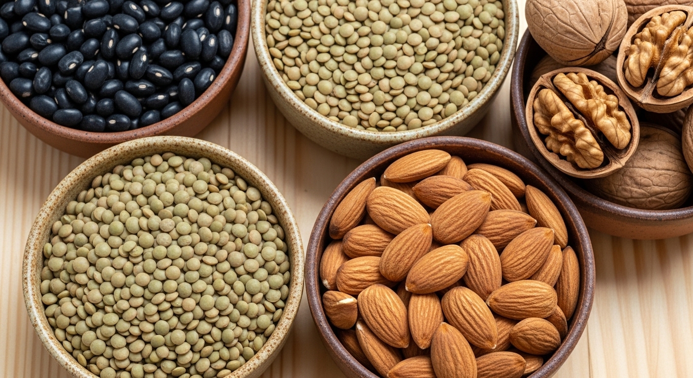 다양한 콩류(검은콩, 렌틸콩)와 견과류(아몬드, 호두)가 작은 그릇에 담겨있는 모습