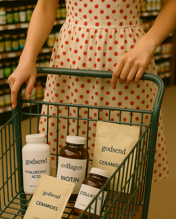 마켓 내 서플리먼트 섹션에서 흰색 바탕에 빨간 도트무늬 원피스를 입은 여성이 쇼핑카트를 밀고 있는 모습. 카트 안에는 콜라겐, 히알루론산, 비오틴 등 다양한 이너뷰티 제품이 담겨 있으며, 실생활 속 제품 선택 장면을 연출함.