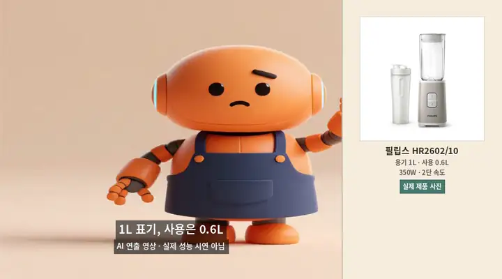 필립스 HR2602 용기 전체 1L와 사용 용량 0.6L 차이를 설명하는 애니메이션