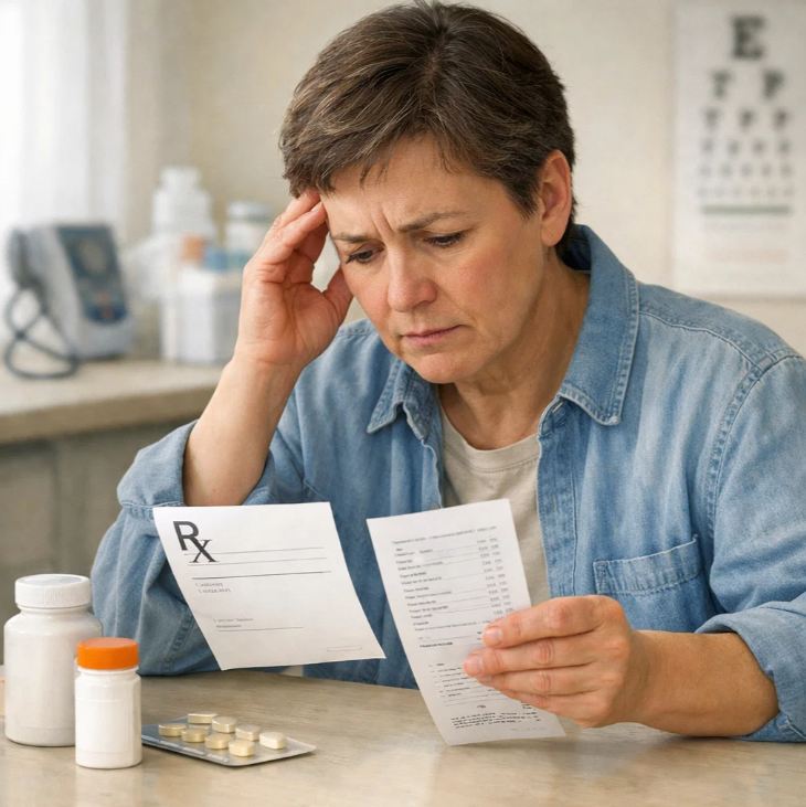 스타틴 처방전과 약값 영수증을 들여다보며 비용 부담을 고민하는 중년 여성