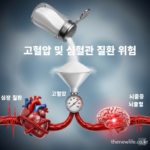 소금을 많이 먹으면 혈압 상승과 심혈관 질환 위험이 증가하는 과정을 보여주는 이미지