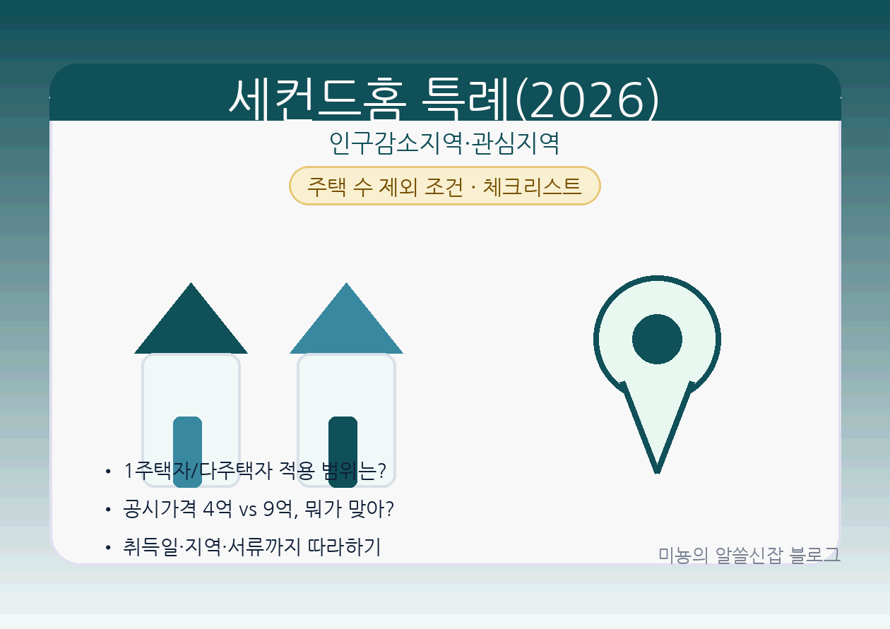 세컨드홈 특례(2026) 완전정리｜인구감소지역&middot;관심지역 집 사도 '주택 수 제외' 되는 조건(4억 vs 9억 헷갈림 끝)