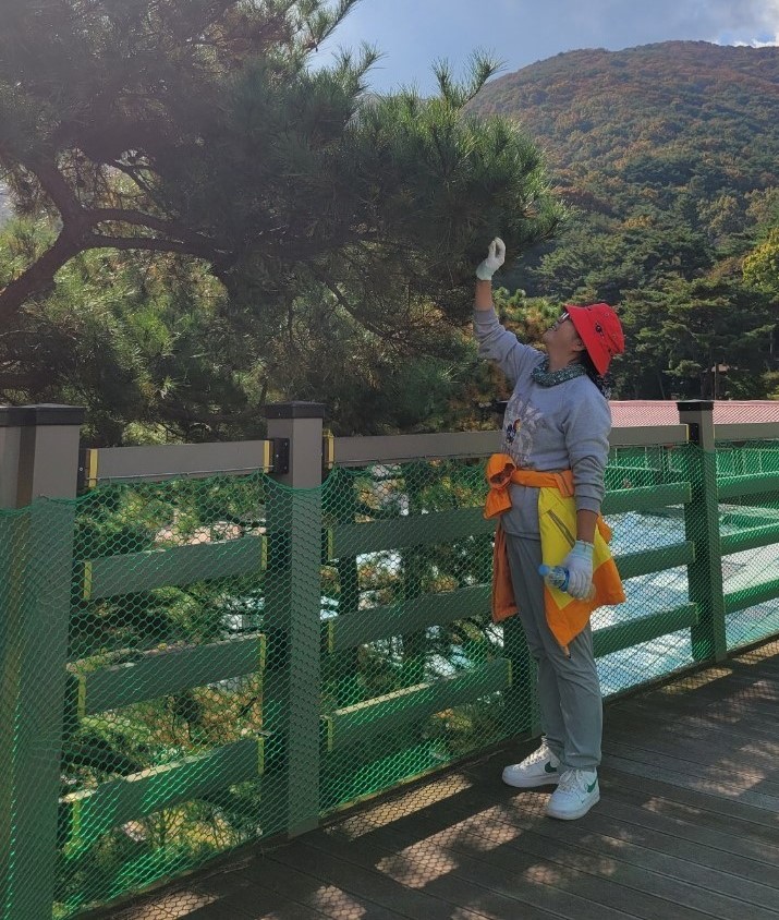 솔잎 향기를 맡고 힐링 하는 장면 