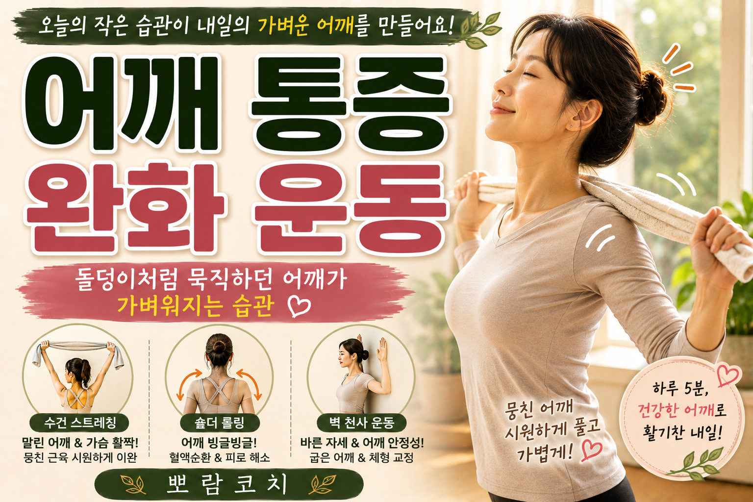 따스한 햇살이 드는 아늑한 거실에서 수건을 잡고 상체 스트레칭을 하고 있는 편안한 모습