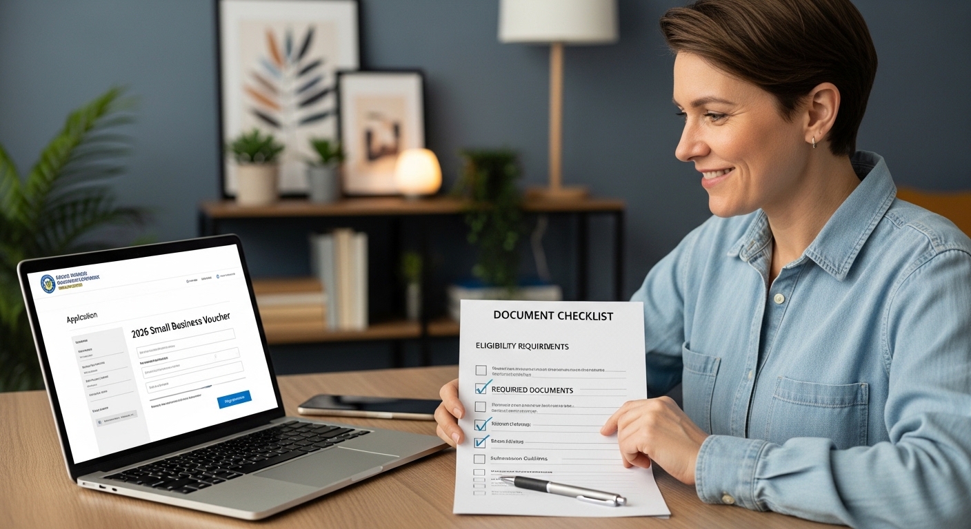 2026년 소상공인 바우처 온라인 신청 화면을 노트북으로 확인하는 자영업자의 모습과 서류 체크리스트
