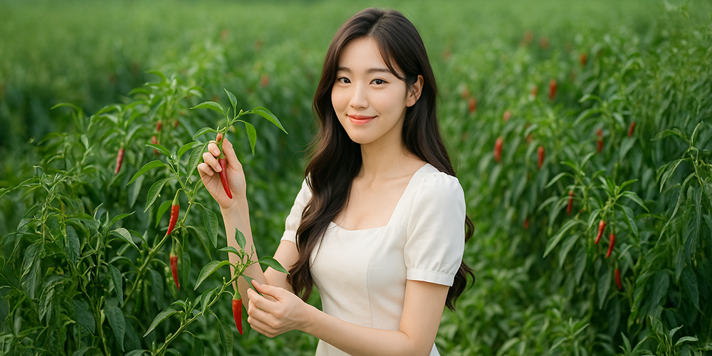 고추 밭 에서 고추 따는 사람