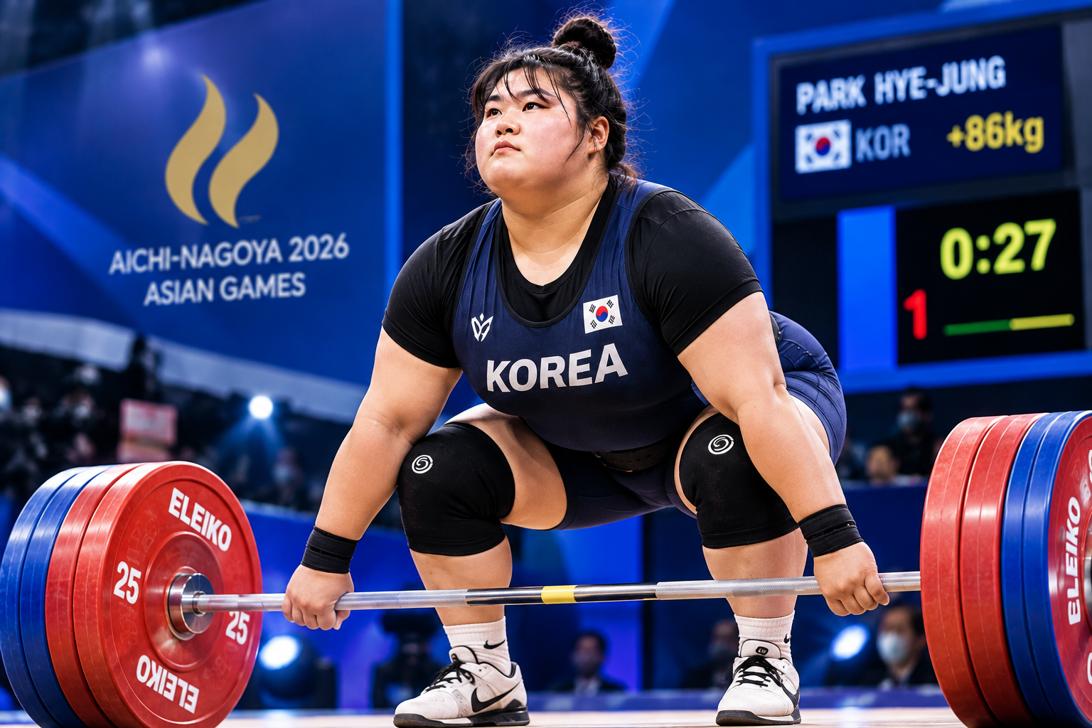 박혜정 아시안게임 여자 역도 86kg 이상급 경기에서 바벨을 들어 올리기 위해 준비하는 모습