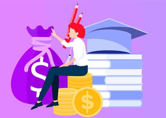 빨간 머리를 한 남학생이 높이 샇은 노란 달러 동전위에 앉았다. 옆에는 높이 쌓은 책들이 있고 보라색 돈주머니를 손으로 만지는 그림이다.