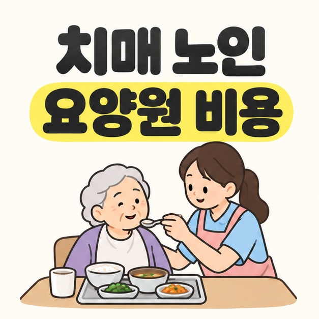 치매 노인 요양원 비용 제목 아래 식탁에 앉은 어르신의 식사를 돌봄 종사자가 돕는 모습