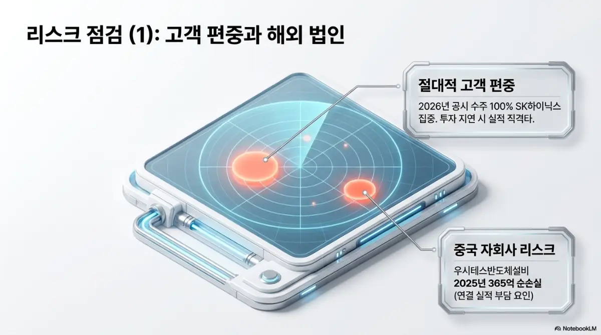 테스 주가 전망: 테스의 핵심 리스크인 고객 편중과 해외 법인 손실을 점검하는 이미지. 2026년 수주가 SK하이닉스에 100% 집중된 편중 위험과 중국 우시테스의 2025년 365억 순손실을 시각화했으며, 테스 투자 시 점검할 리스크 요인을 설명함