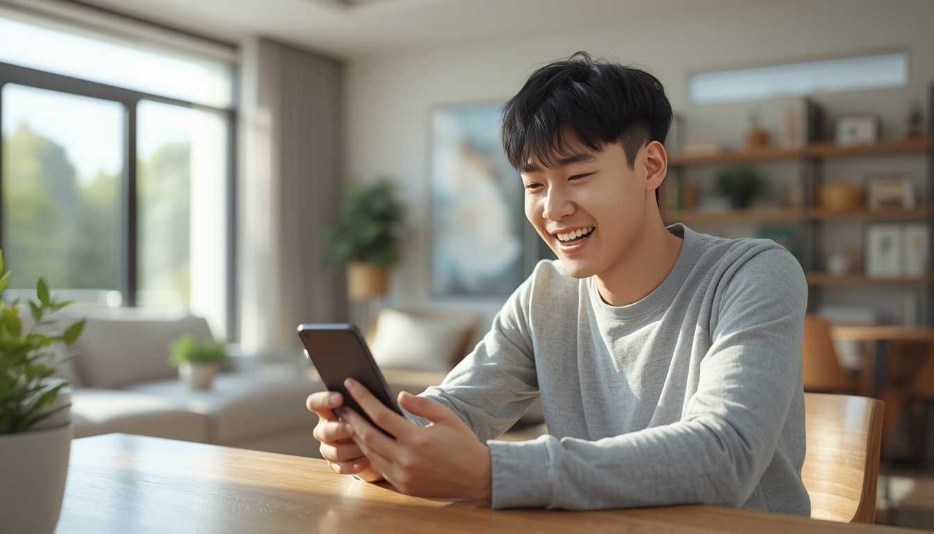 밝은 거실에서 스마트폰 모바일 앱으로 청년도약계좌 신청 결과를 확인하며 환하게 웃는 20대 한국인 남성의 모습.