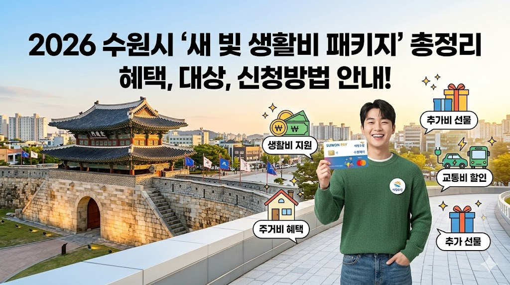 수원 화성을 배경으로 수원페이 카드를 든 밝은 표정의 청년과 혜택 아이콘이 포함된 썸네일
