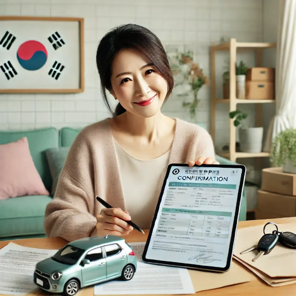 책상에서 태블릿으로 폐차 지원 승인서를 확인하며 미소 짓는 동양인 중년 여성의 초고해상도 사진