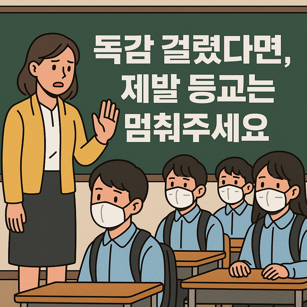 독감 유행으로 병원 대기실에서 마스크를 쓴 아이들이 줄 서 있는 모습의 일러스트