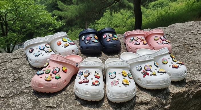 지비츠 참으로 꾸민 여름 샌들 컬렉션이 진열된 모습