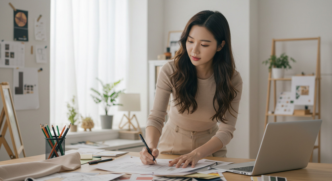 무타공 인테리어 도면 그리는 여성 이미지