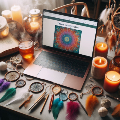 꿈 이야기와 꿈 해석 관련 웹사이트를 보여주는 노트북이 있는 책상