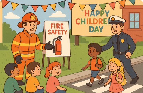 소방관과 경찰관이 어린이들에게 안전교육을 하고 있는 모습