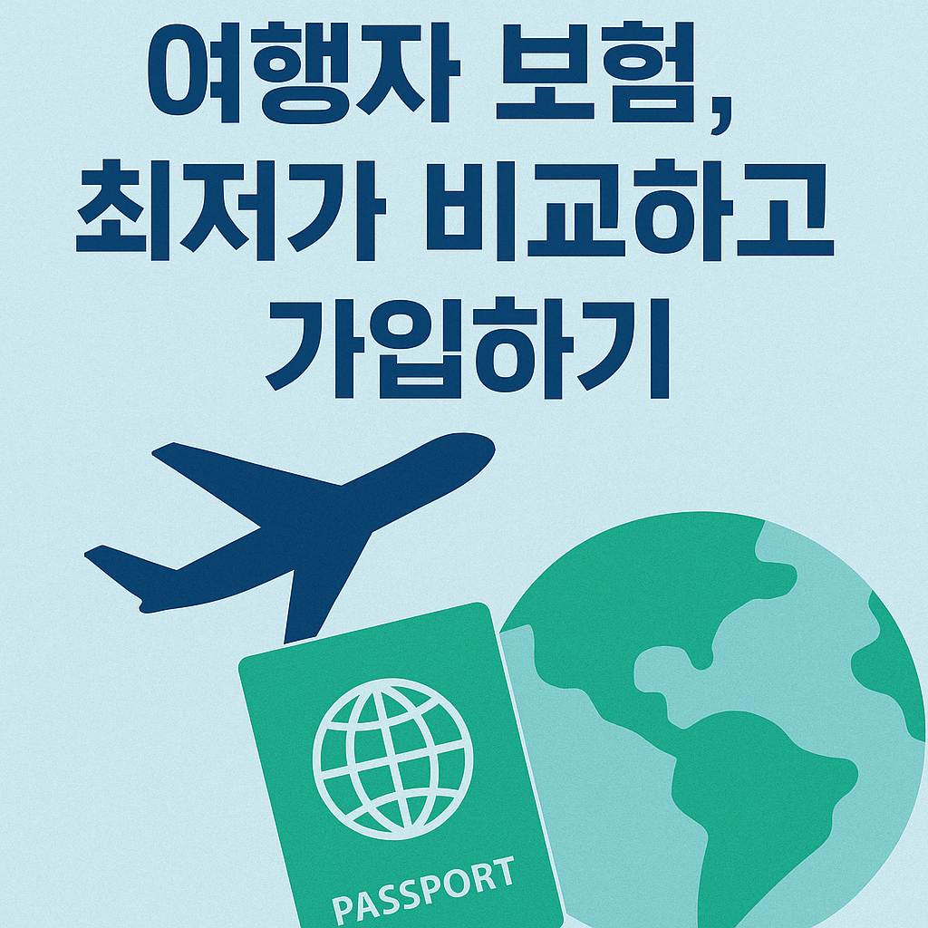 여행자 보험 비교를 주제로 한 플랫 스타일 일러스트. 파란색 비행기 아이콘, 초록색 여권, 지구본 이미지가 조화롭게 배치되어 있으며, 상단에 '여행자 보험, 최저가 비교하고 가입하기'라는 한국어 문구가 강조된 블로그용 썸네일 이미지.