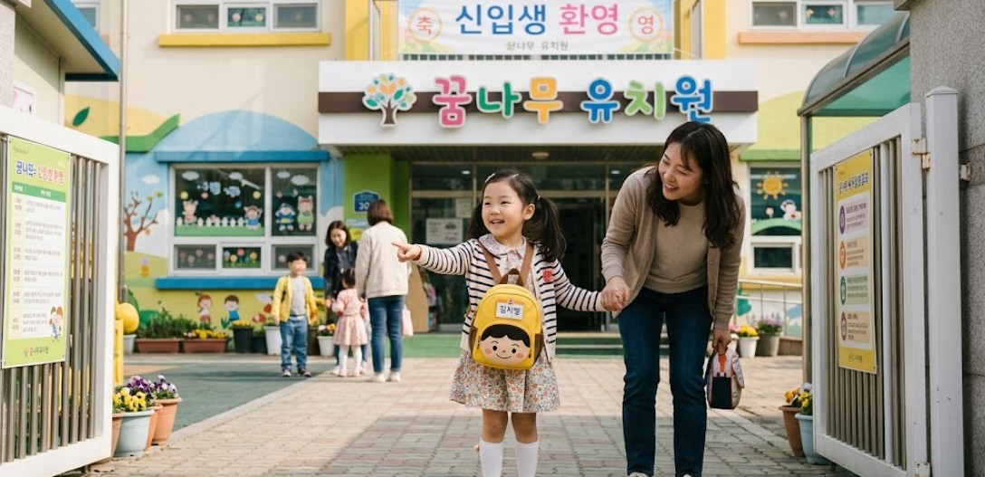 유치원 앞에서 엄마와 함께 유치원 앞에 도착해 기뻐하는 아이의 모습