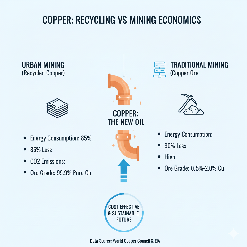 폐가전에서 추출된 재생 구리와 천연 구리 광석의 경제성 비교 차트